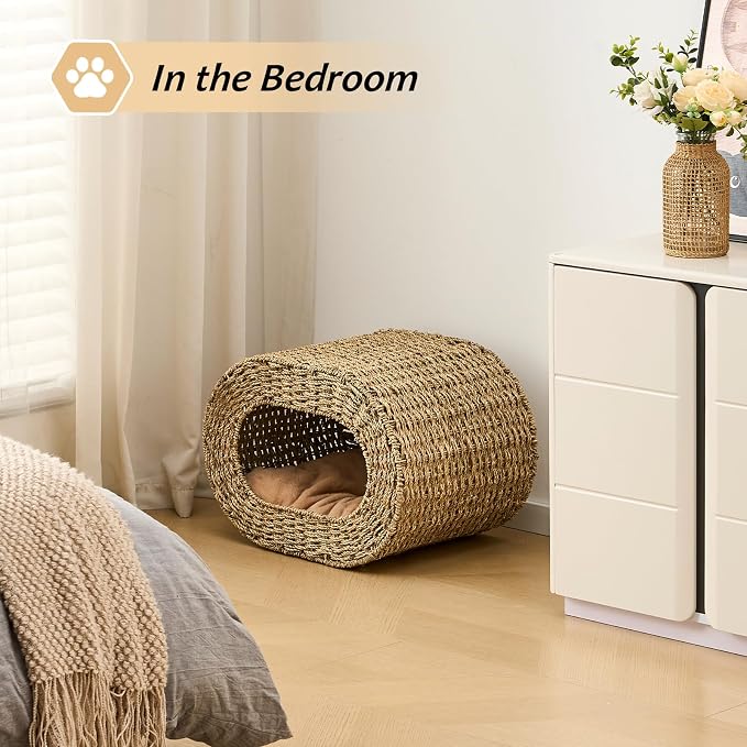 Cat House,Handwoven Cat Cave Pet Cube, Natural Cat Beds Indoor Kitten House with Double-Sided Soft Cushions, Pet Cat House for Multiple Cats, for Living Room Bedroom - Image 4