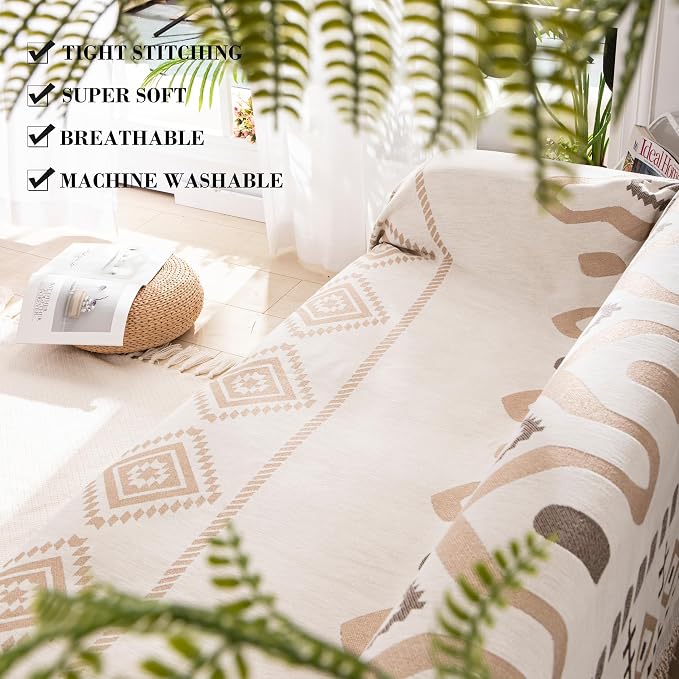 Homcosan Couch Sofa Cover Chenille Sectional Sofa Cover Non Slip Couch Cover for Dogs Washable Chenille Couch Cover Boho Sofa Slipcover for 3 Cushion Couch-Khaki - Image 2