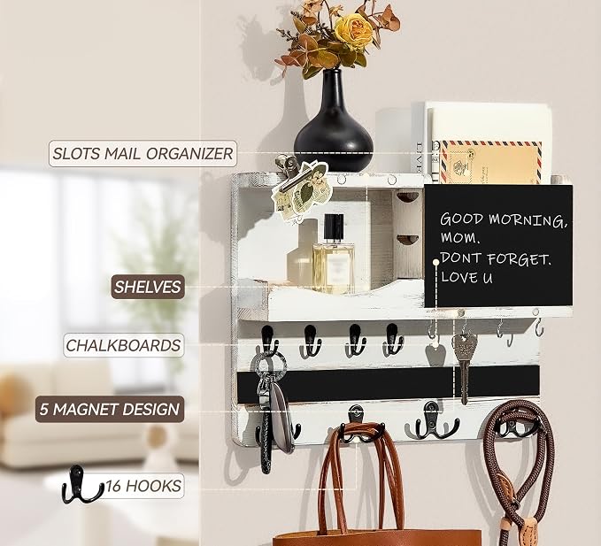 Key Holder for Wall Mount with Shelf and Mail Organizer, Key and Mail Holder with 16 Hooks, Farmhouse Entryway Organizer, Home Decor Rack (Pine Wood, White Washed) - Image 7