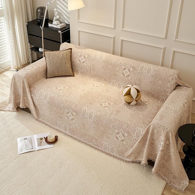 DREAMINGO Couch Covers for Sofa Boho Geometric Jacquard Vintage Sofa Covers 2 Seater Non Slip Chenille Furniture Protector for Dogs Pets Washable Sectional Couch Slipcovers, Khaki, 71"x118" - Image 7