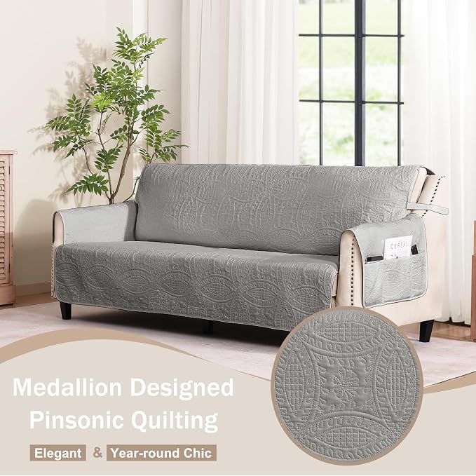 Soft Quilted Couch Cover with Pockets for Extra-Large Sofa, Anti-Slip Sofa Covers Washable for 3 Cushion Pet Friendly, Oversized Sofa Cover Water-Repellent (X-Large Sofa 78", Cool Gray) - Image 2