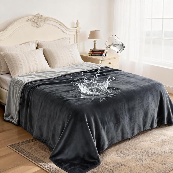 gogobunny Waterproof Flannel Blanket for Bed Couch Sofa, Reversible Double-Sided Throw for Dog Cat, Stain Resistant Furniture Protector Against Liquid Pee and Fur (90" x 108", Dark Grey/Light Grey) by gogobunny