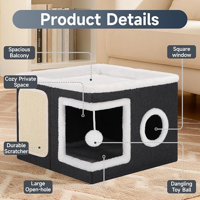 Shikha Cat House Bed for Indoor Cats with Fluffy Ball and Scratch Pad Black | Foldable Large Cat Cave Hideaway with Cozy Condo, Hide and Seek Window, Holds Up to 30LBS, All Season Reversible Cushion - Image 7