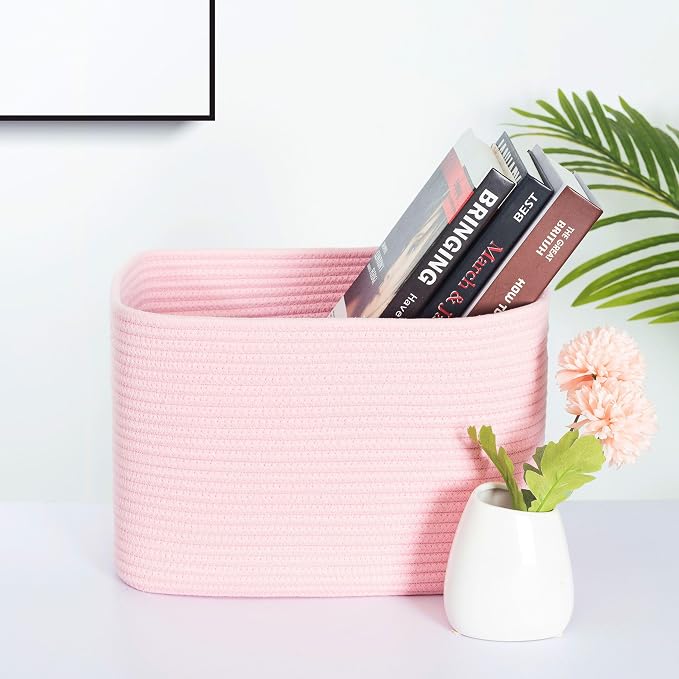 MINTWOOD Design 3-Pack Decorative Woven Storage Baskets for Shelves, Cube Bin Box for Organizing Books, Shoes, Dog Toys, Pantry Closet and Living Room Organizer, Soft Pink - Image 2