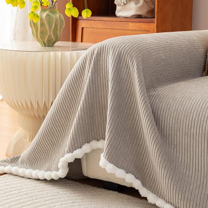Gray Chenille Couch Cover for Pets, Washable Striped Geometric Sofa Cover for 3 Cushion Couch, Boho Sofa Slipcover for Living Room, Thick Sectional Furniture Protector with Cute Pom Pom Edge-71x150IN - Image 7