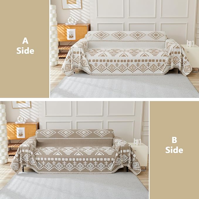 MEETSKY Boho Couch Cover Sofa Covers for Dogs，Decorative Soft Blend Washable Sofa Slipcovers Simply Put Sofa Throw Cover for Living Room, Khaki, 71" x 118" - Image 6