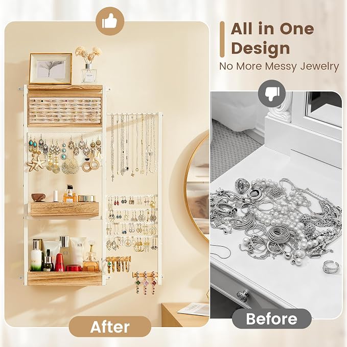 Pinzoveco Hanging Jewelry Organizer Wall Mounted, Large Hanging Jewelry Organizer Holder for Necklaces,Bracelest,Earrings,Rings,Watched,Makeup & Perfume (White) - Image 4