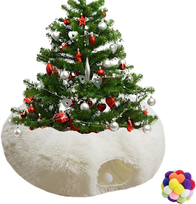 White Fluffy Warm Plush Cat Round Tunnel Tube, Soft Collapsible Multi-Combinations Cat Donuts Bed for Kitty Kitten Puppy Rabbit Ferret (White) - Image 2
