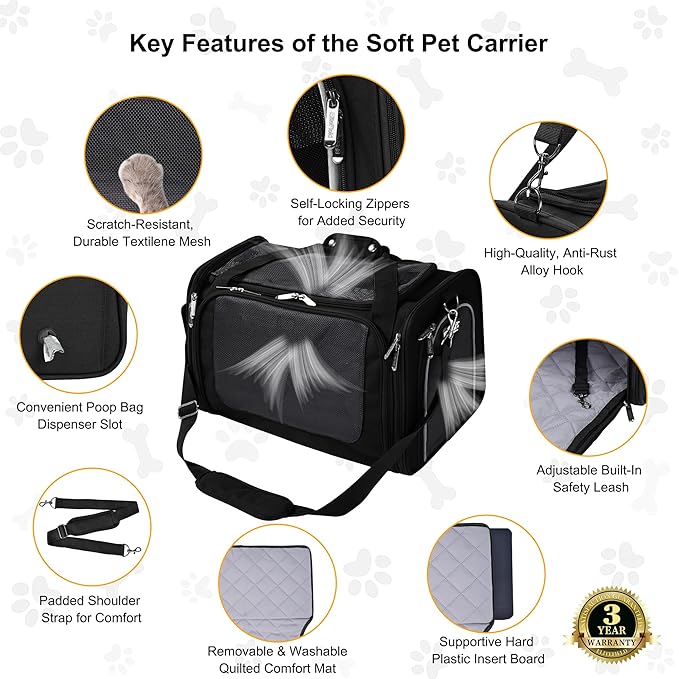 EliteField Deluxe Soft-Sided Pet Carrier (3 Year Warranty, Airline Approved), Travel Bag for Dogs, Cats & Small Pets, with Expandable Mat