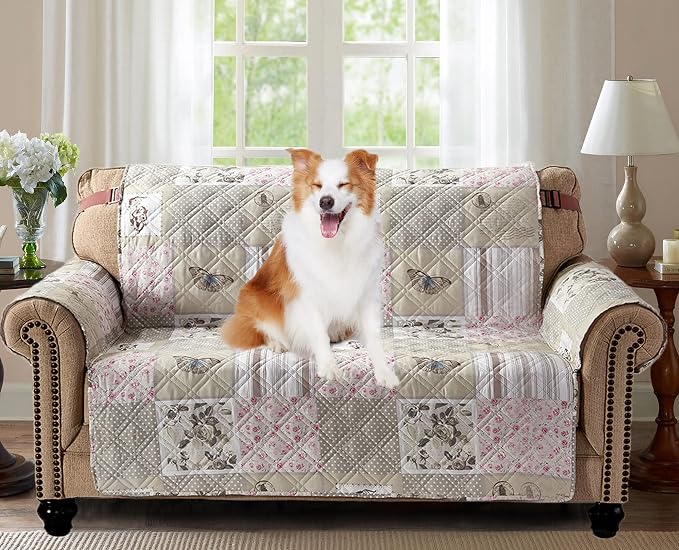 Brilliant Sunshine Grey Cupid & Pink Roses Loveseat Cover, 54" seat | Non Slip Sofa Cover, Patchwork Design, Quilted Furniture Protector, Large Washable Love Seat Slipcover for Pets, Dogs & Cats by BrilliantSunshine