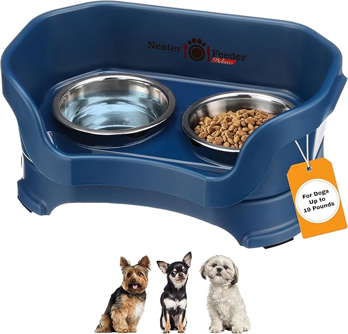 Neater Pet Brands Neater Feeder Deluxe Mess Proof Dog Bowls Elevated for Small Dogs Under 19 lbs, Made in USA, No Spill Raised Dog Food Bowl Stand Feeding Station, Food and Water Bowl Set, Dark Blue by NeaterPetBrands