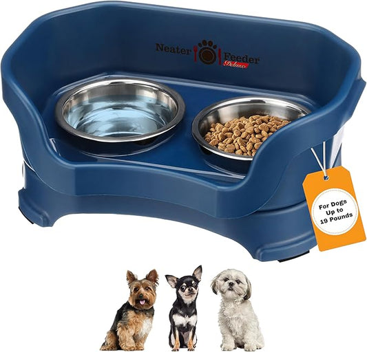 Neater Pet Brands Neater Feeder Deluxe Mess Proof Dog Bowls Elevated for Small Dogs Under 19 lbs, Made in USA, No Spill Raised Dog Food Bowl Stand Feeding Station, Food and Water Bowl Set, Dark Blue by NeaterPetBrands