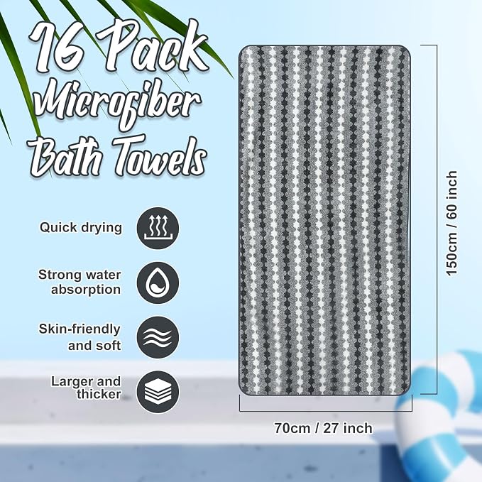 SmoothNovelty 16 Pack Microfiber Bath Towels Bulk 27'' x 60'' Oversized Size Bath Towel Highly Absorbent Extra Large Soft Drying for Beach Shower Summer Salon Sport Gym Party (Cone,Grey) - Image 2