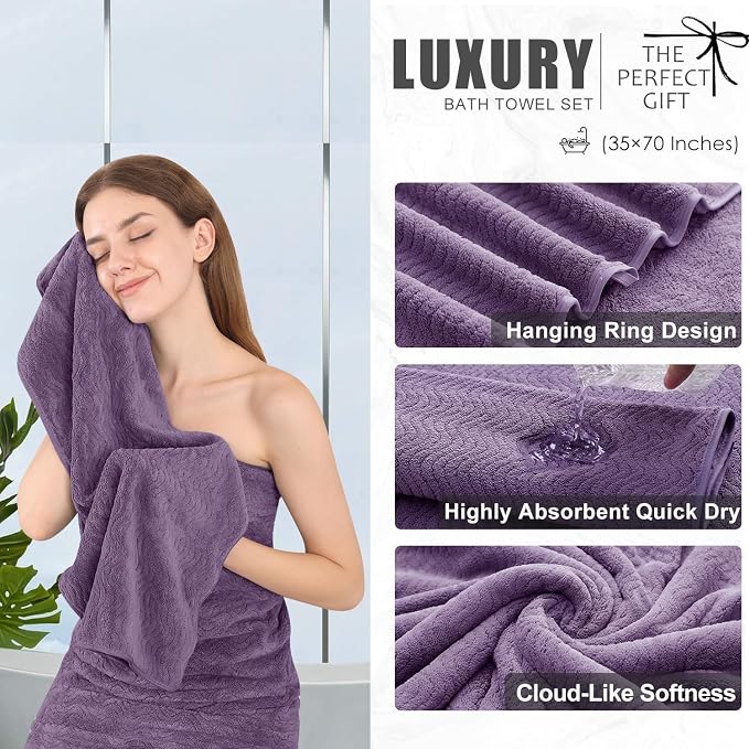 4 Piece Extra Large Bath Towel 35"x70" Oversized Bath Sheet Bath Towel Set for Bathroom Ultra Soft Cozy Highly Absorbent Quick Dry Bathroom Towel for Spa Gym Hotel,Shower Towel for Daily Use,Purple - Image 3