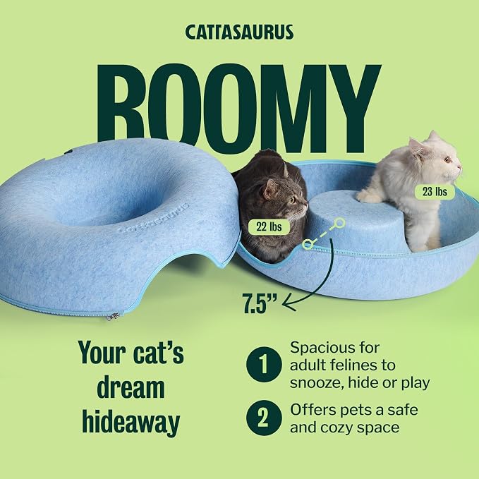 Cattasaurus Peekaboo Cat Cave Donut for Multiple & Large Cats up to 30-45 lbs, 3-in-1 Self Warming Cat Bed, Tunnel & Scratcher for Indoor Cats, Washable & Detachable Small Dog Bed (Blue, Large) - Image 3