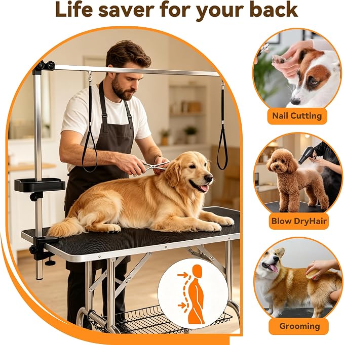 46" Foldable Dog Grooming Table with Adjustable H-Frame Arm & 2 Nooses, Heavy-Duty Stainless Steel Frame, Non-Slip Top, Tool Caddy and Mesh Tray, Black - Image 8