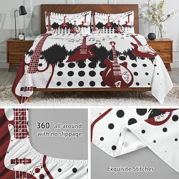 WeCozy Queen Size Bed Sheet Sets with Pillowcases, Guitar Rock Music 4 Pcs Soft Microfiber Bedding for Kids and Adults, Musical Play Flat, Fitted Sheet for Bedroom Bed Decor - Image 5