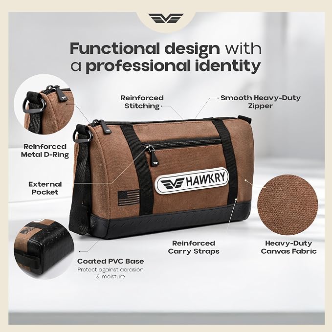 HAWKRY Canvas Tool Pouch – Brown Tool Bag for Tool Storage, DIY, Electrical, Auto or Hobby Use | Rugged Canvas Organizer with Zipper & Reinforced Base – Compact Utility Pouch for Toolbox or Car - Image 3