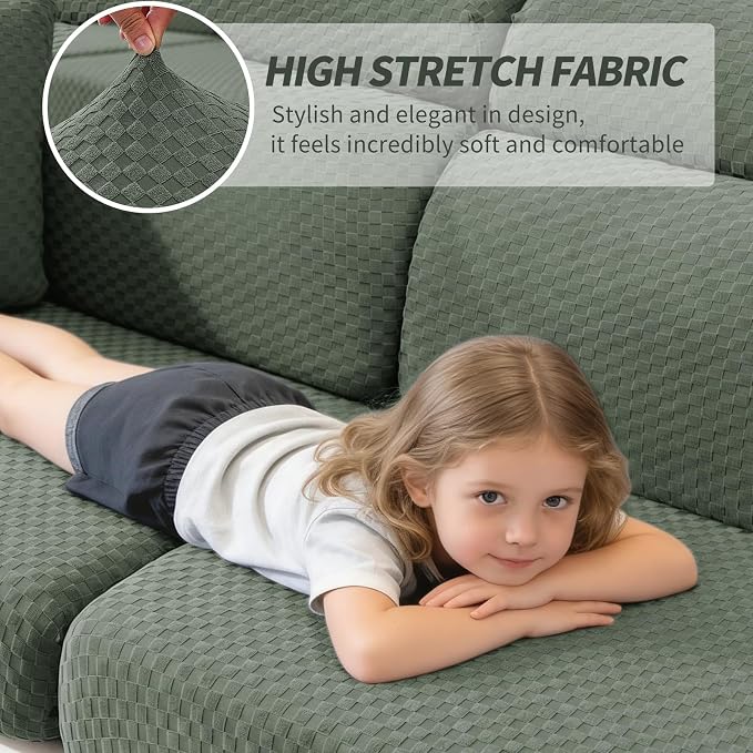 YEMYHOM Couch Cushion Covers for Sofa, Stretch Sectional Couch Seat Cushion Covers Washable Thick Furniture Protector Sofa Slipcovers for Pets (3 Seater + 1 Chaise, Army Green) - Image 3