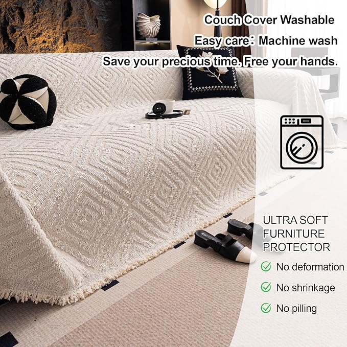ROOMLIFE Couch Cover 3 Cushion Sofa, Washable Non Slip Furniture Sofa Protector Cover, Soft Chenille Sofa Slipcovers Sectional L Shape Dogs Couch Cover Throw Blanket with Tassels 71''X118'' - Image 6