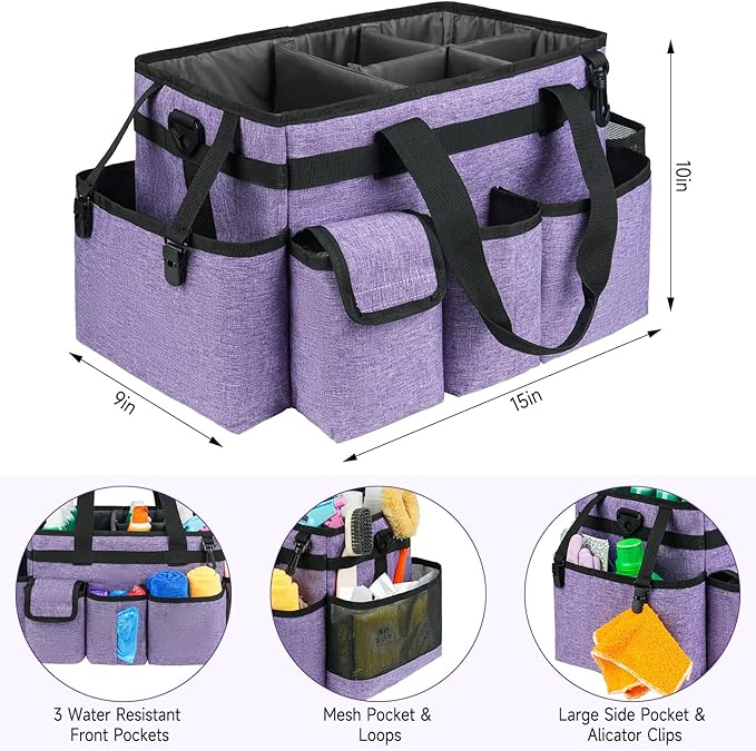 Cleaning Caddy Bag,Large Cleaning Supplies Organizer with Handle for Housekeepers,Purple - Image 3