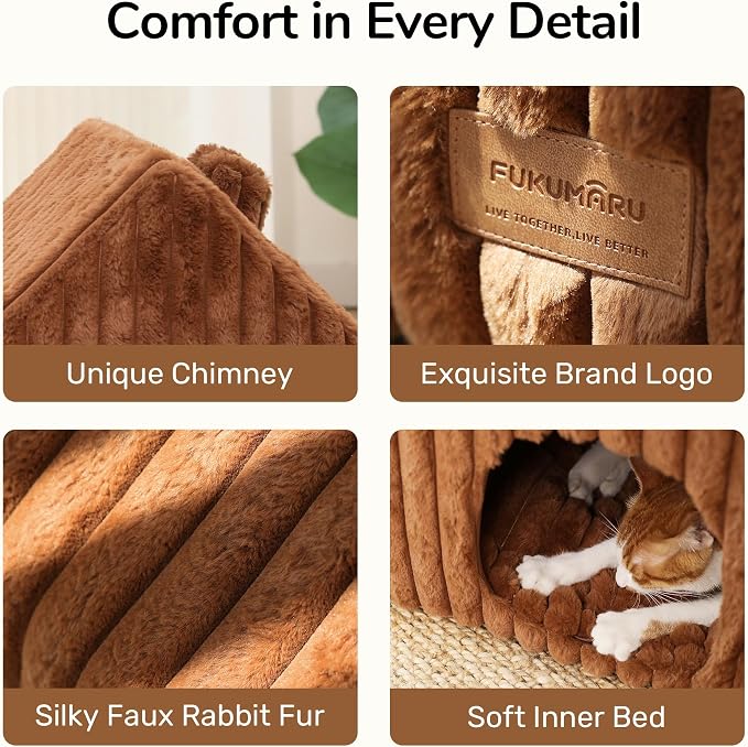 FUKUMARU Cat Bed Cave, Enclosed Washable Covered Dog Bed with Support Frame | Large Cat House for Indoor Cats, Cozy Cat Hideaway for Anxious Cats, Soft Plush Faux Fur Cat Tent Bed, Non-Slip Bottom, Brown - Image 7