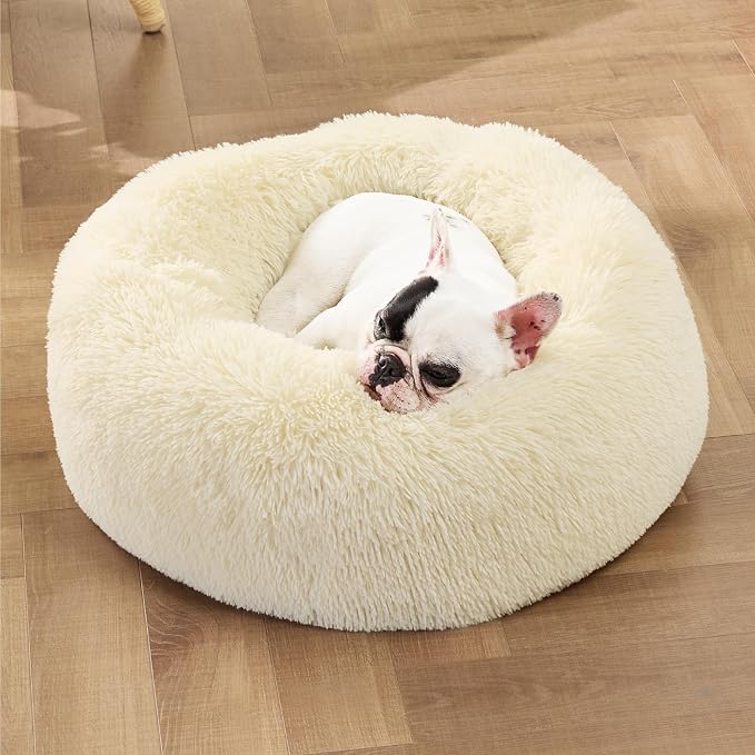 Bedsure Calming Small Medium Dog Bed Donut Washable Puppy Bed,27ins Cream | Fluffy Faux Fur Round Cuddler,Machine Washable,Anti-Slip Bottom,Anti-Anxiety,Deep Sleeping for Pets Up to 35 Lbs - Image 4