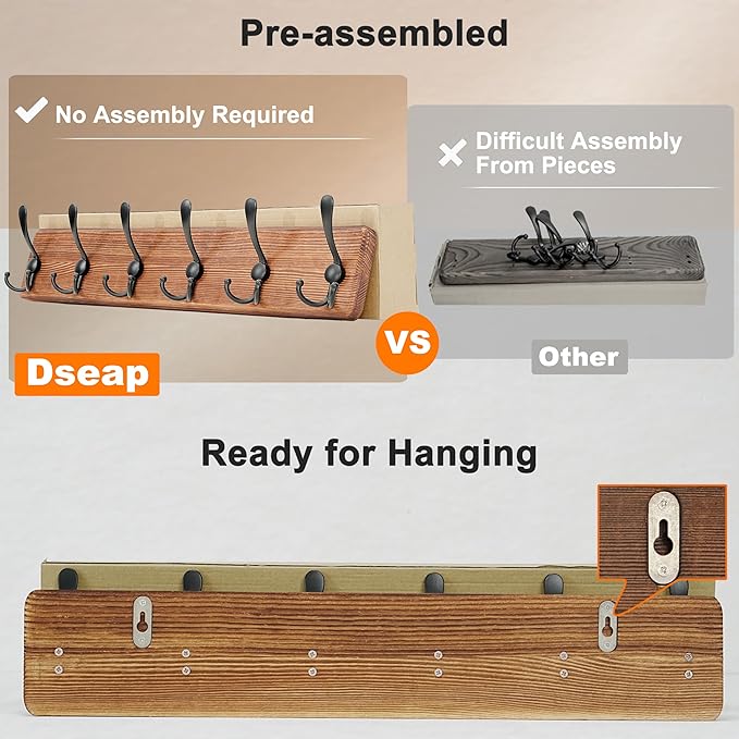 Dseap Coat Rack Wall Mounted - 24" Long 6 Tri Hooks, Heavy Duty Wooden Wall Coat Hanger Coat Hook for Clothes Hat Jacket Clothing, Weathered Yellow and Black - Image 5