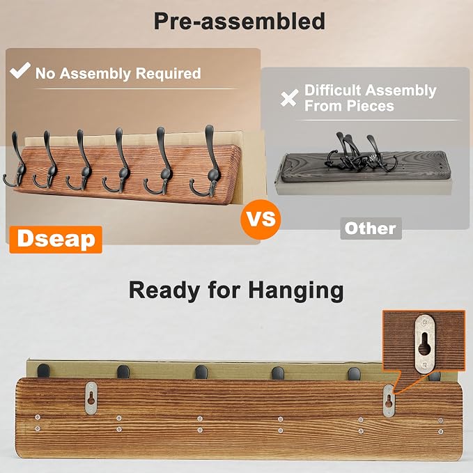 Dseap Coat Rack Wall Mounted - 24" Long 6 Tri Hooks, Heavy Duty Wooden Wall Coat Hanger Coat Hook for Clothes Hat Jacket Clothing, Weathered Light Natural and Black - Image 4