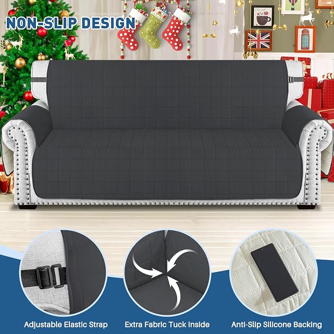 MAXIJIN Waterproof Oversized Couch Covers for 3 Cushion Couch, 79" Quilted Sofa Covers Washable Pet Dog Couch Cover Protector with Elastic Strap & Side Pocket (Large Sofa, Black) - Image 2