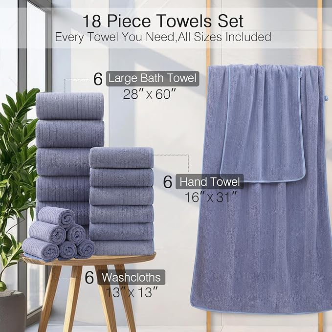 18 Piece Family Bath Towel Set Include 6 Bath Towels,6 Hand Towels and 6 Washcloths Soft Bathroom Towel with Hanging Loops,Highly Absorbent Quick Dry Towels Set for Bathroom,Hotel and Spa-Violet - Image 3