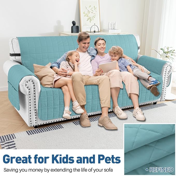 MAXIJIN Waterproof Oversized Couch Covers for 3 Cushion Couch, 79" Quilted Sofa Covers Washable Pet Dog Couch Cover Protector with Elastic Strap & Side Pocket (Clear Blue, Large Sofa) - Image 2