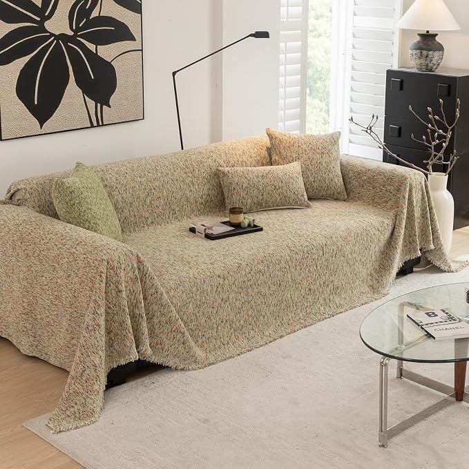 ROOMLIFE Boho Beige Couch Cover for Dogs, Washable Non Slip Furniture Protector Couch Sofa Covers for 3 Cushion Couch, Soft Chenille Couch Cover Throw Blanket with Tassels 71''X118'' - Image 2