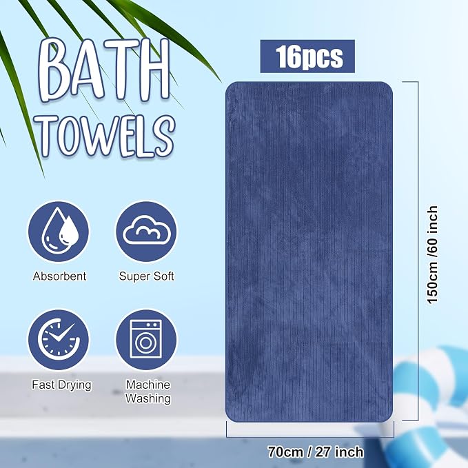 SmoothNovelty 16 Pack Microfiber Bath Towels Bulk 27'' x 60'' Oversized Size Bath Towel Highly Absorbent Extra Large Soft Drying for Beach Shower Summer Salon Sport Gym Party (Stripe,Dark Blue) - Image 2