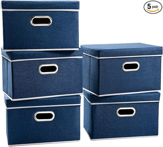 PRANDOM Foldable Storage Bin with Lid [5-Pack] Linen Fabric Decorative Storage Box Organizer Container Basket Cube with Handles Divider for Closet Office Living Room Royal Blue(14.9x9.8x9.8) by Prandom