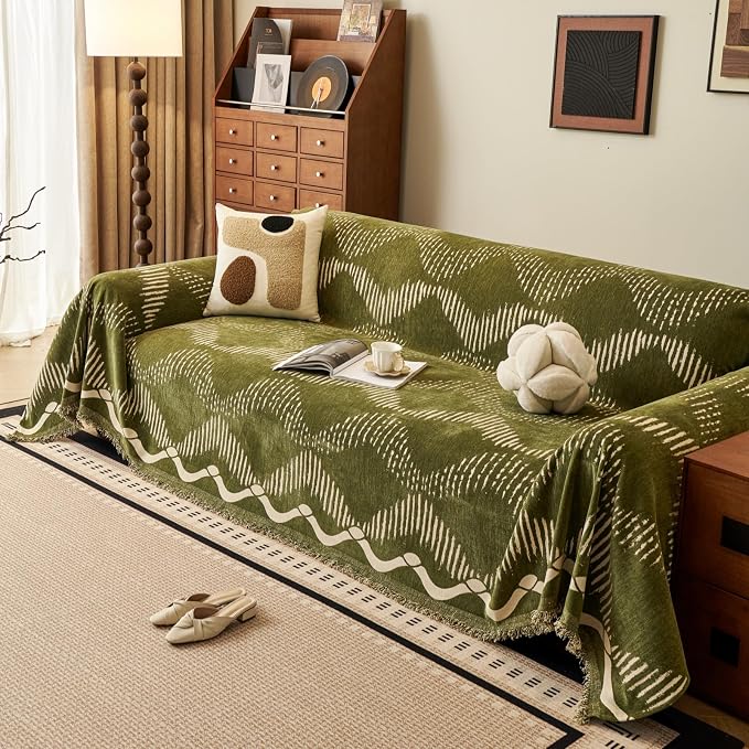 Green Geometric Couch Cover for 3 Cushion Sofa, Boho Reversible Couch Cover Sectional L Shape, Modern Home Decor Chenille Non Slip Washable Large Couch Protector for Dogs 71"x118" - Image 2