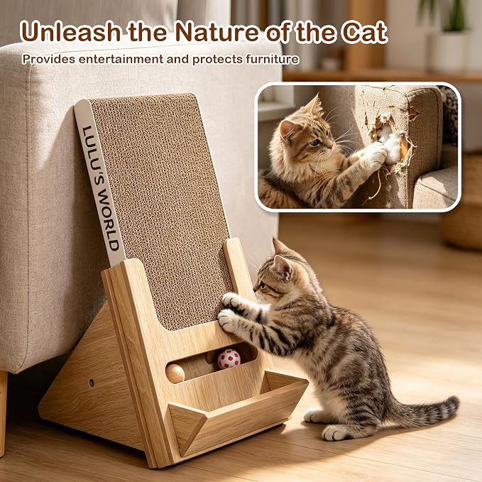Lulu's World Cardboard Cat Scratcher with Wooden Stand, Freestanding Vertical Cat Scratching Board with Replaceable Double-Sided Scratch Pad, Ball Toy and Debris Tray for Indoor Cats,Long-termism - Image 6
