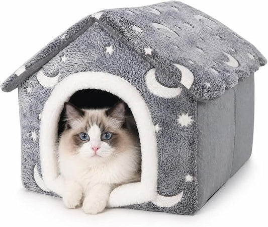 PAWISE Luminous Cat Bed Indoor, Foldable Dog House Tent with Glowing Stars Moon, Soft Warm Puppy Cave Nest for Small Dogs Cats, Washable Pet Hut (15.7"x14.5"x13.5") by PAWISE