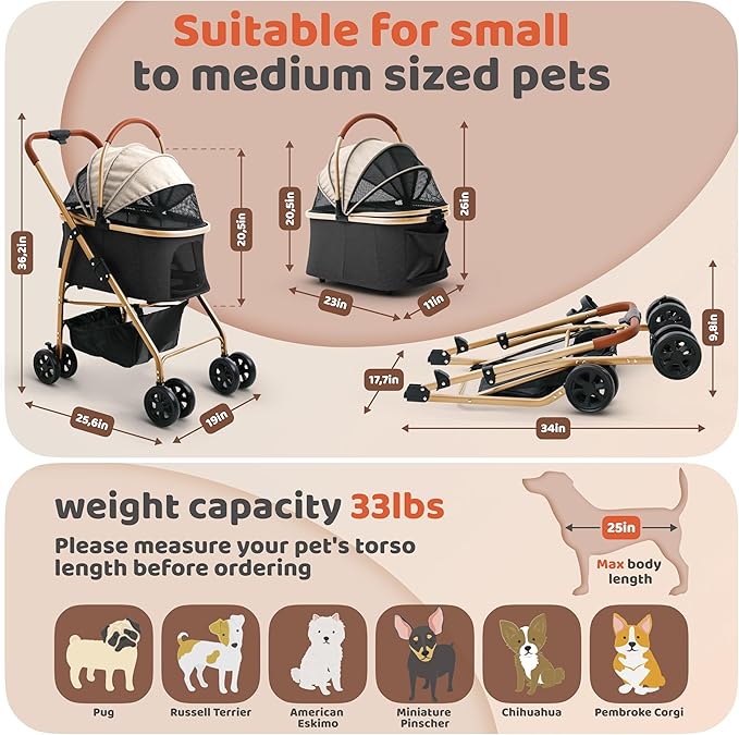 Pet Stroller for Small Medium Dogs & Cats – 2-in-1 Detachable Carrier, Zipperless Entry, Lightweight Folding Travel Stroller with Storage Basket, Cup Holder, Black&Beige