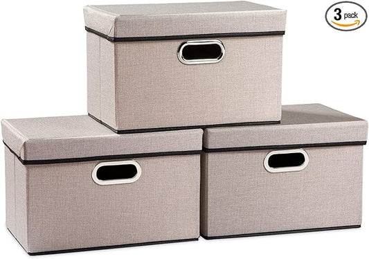PRANDOM Foldable Storage Bin with Lid [3-Pack] Linen Fabric Decorative Storage Box Organizer Container Basket Cube with Handles Divider for Closet Office Living Room Light Grey(14.9x9.8x9.8) by Prandom