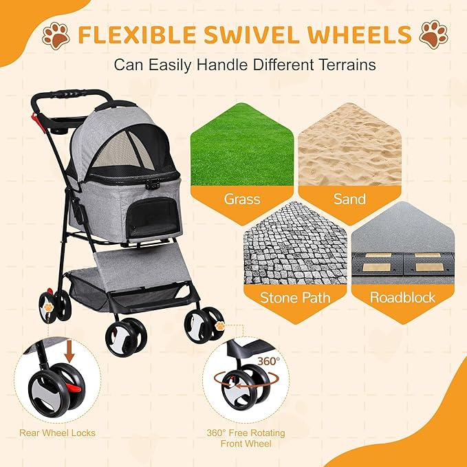 ZENY Pet Stroller, 3 in1 Foldable Dog Cat Jogger Stroller with 4 Wheels, Detachable Basket and Cup Holder, Travel Folding Carrier for Small/Medium Pet (Gray)