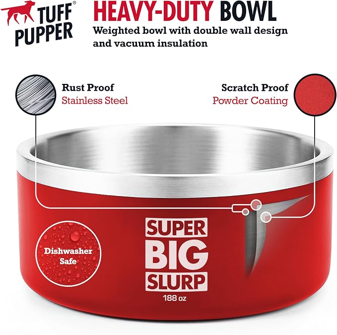 Tuff Pupper Heavy Duty Insulated Dog Bowl | Double Wall Stainless Steel Dog Food Dish | Non-Slip Spill Proof Dishwasher Safe Cat Bowl | Water Dish for Feeding Large Medium Small Pets (188oz, Red) - Image 3