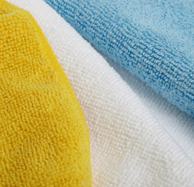 Amazon Basics Microfiber Cleaning Cloths, Highly Absorbent, Scratch-Free, Ultra-Soft, Non-Abrasive, Reusable and Washable, 16" x 12", Blue/White/Yellow, 48-Pack - Image 3