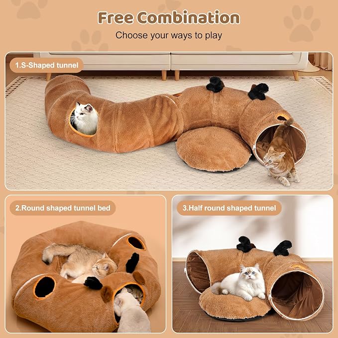 Cat Tunnel Bed with 20 Pcs Interactive Toys, 3-in-1 DIY Collapsible Plush Cat Tube with Washable Mat, Large Indoor Play Tunnel Cave for Kittens and Small Animals - Image 2