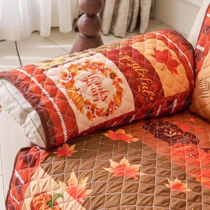 EVENHUG Fall Sofa Cover for Festival Home Decorations Thanksgiving Slipcover Furniture Protector Washable Couch Cover with Non Slip and Elastic Straps for Kids Pets Dogs (Recliner) - Image 6