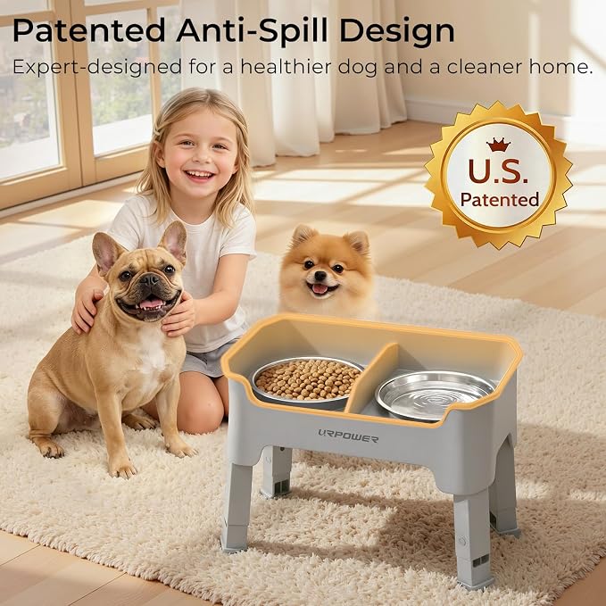 URPOWER Mess Proof Elevated Dog Bowls for Small Dogs with Splash Guard | 4 Height Adjustable Raised Stand with 2 Stainless Steel Food Bowls & Licking Plate for Small, Medium & Large Dogs - Image 2