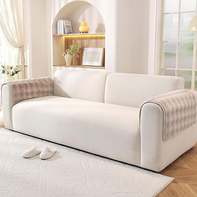 Waterproof Dog Bed Cover Non Slip Couch Covers for Dogs Washable Soft Faux Fur Sofa Cover Couch Covers for 3 Cushion Couch Sofa Pet Friendly (Khaki, 24" x 24" 2 Pack) - Image 2