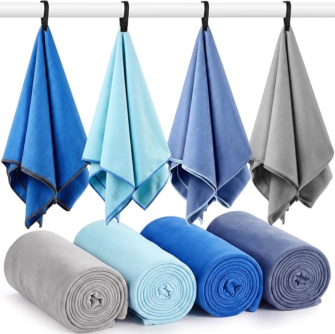 Mixweer 4 Pack Gym Microfiber Bath Towels 63"x32" Extra Large Shower Towel Lightweight Oversized Fast Drying Bathtowel for Gym Sports Travel Camping(Sky and Royal Blue, Gray, Lake Blue) by Mixweer