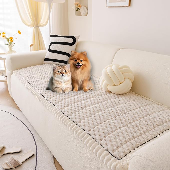 HANDONTIME Pet Couch Cover Fuzzy Sofa Covers for Pets, Couch Covers for Dogs, Washable Dog Sofa Cover Protector, Jacquard Fuzzy Non Slip Cushion Slipcover Pet Friendly (White, 27.6" x 59.1") by HANDONTIME