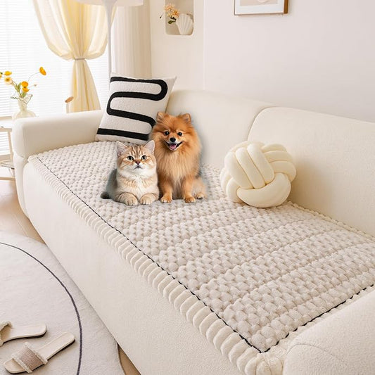 HANDONTIME Pet Couch Cover Fuzzy Sofa Covers for Pets, Couch Covers for Dogs, Washable Dog Sofa Cover Protector, Jacquard Fuzzy Non Slip Cushion Slipcover Pet Friendly (White, 27.6" x 70.9") by HANDONTIME